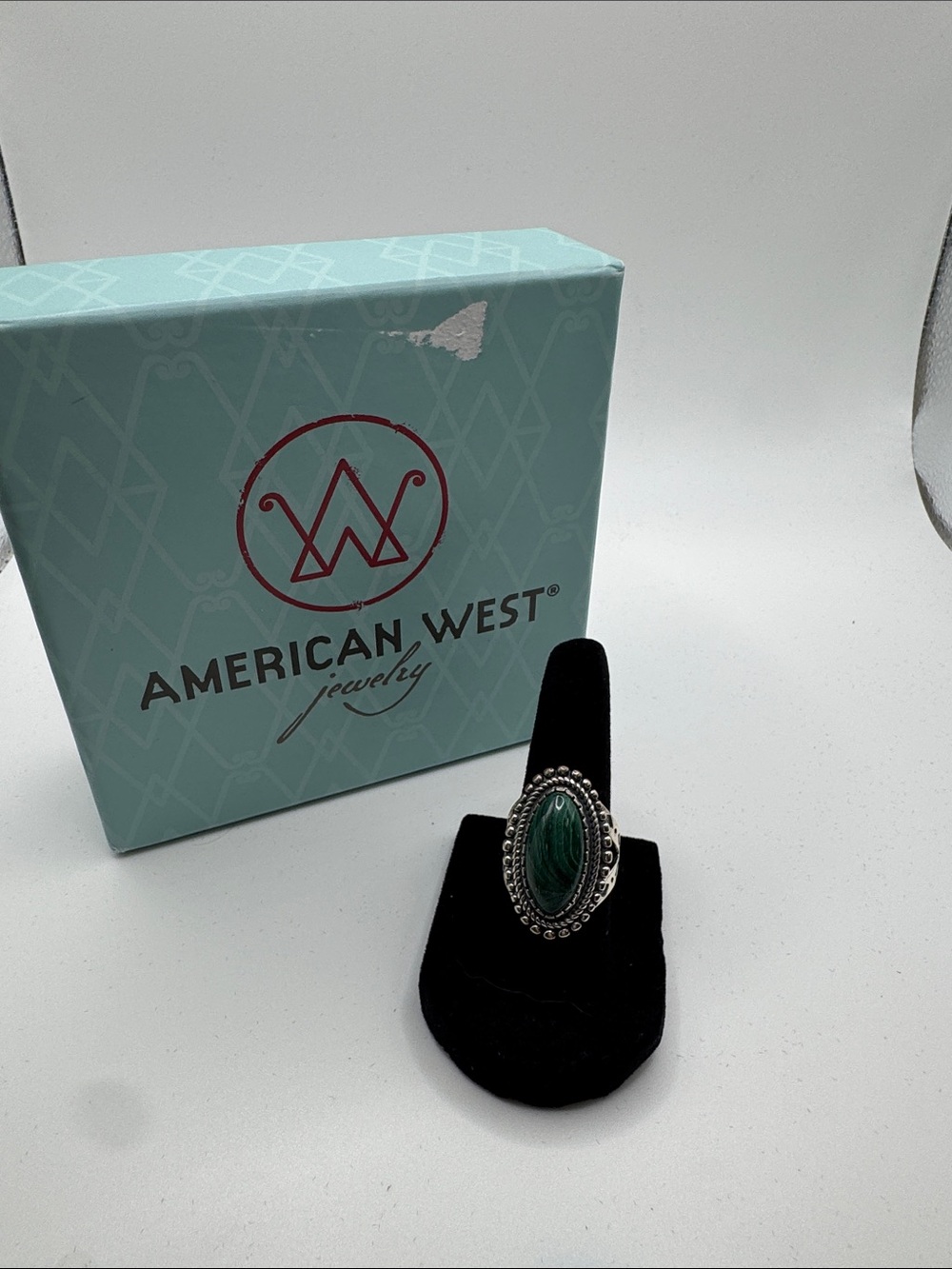 American West Green Oval Beaded Silver-Tone Statement Ring